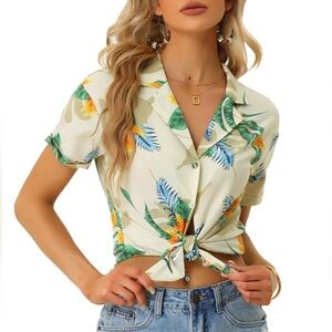 NWT Allegra K Women’s Hawaiian Floral Button Down Short Sleeve Summer Top XS